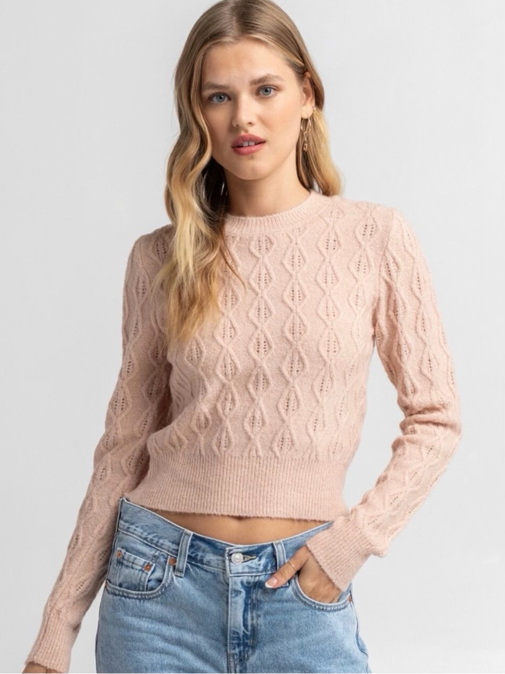 Women’s Pink Cable-Knit Crewneck Sweater